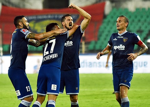 Chennaiyin FC’s Nerijus Valskis (C) scored a brace against Jamshedpur. (Photo| D Sampathkumar, EPS)