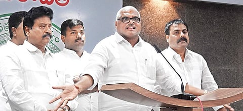 Municipal Administration Minister Botcha Satyanarayana addressing media at Assembly media point in Velagapudi on Thursday I P Ravindra Babu