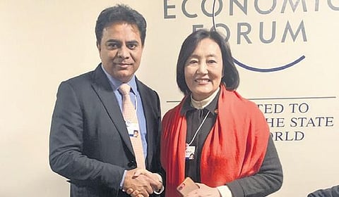 IT Minister KT Rama Rao with Korean Minister of SMEs and Startups Park Young-Sun in Davos on Thursday. (Photo | EPS)