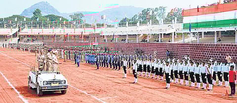 Police personnel during rehearsal for the Republic Day fete in Vijayawada on Thursday | Express