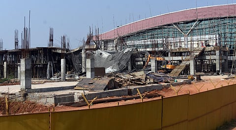 The roof of the under-construction terminal link building at Biju Patnaik International Airport that collapsed. (Photo | Biswanath Swain, EPS)
