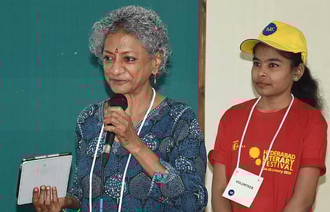 Poet Kala Ramesh at Hyderabad Literary Fest on Friday. (Photo| RVK Rao, EPS)