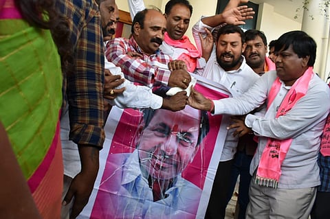 Members of TRS party celebrating as they won majority in Urban Local Body election at TRS Bhavan in Hyderabad on Saturday. (Photo | S Senbagapandiyan, EPS)