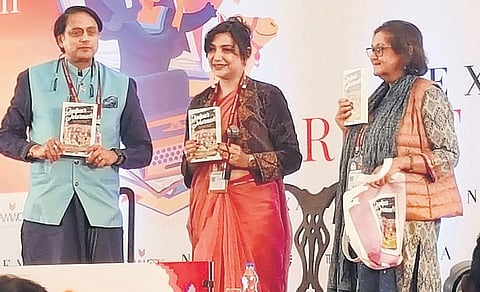 Writer and politician Shashi Tharoor unveils Namita Gokhale’s book with (centre) author Shunali Khullar Shroff who conducted the session