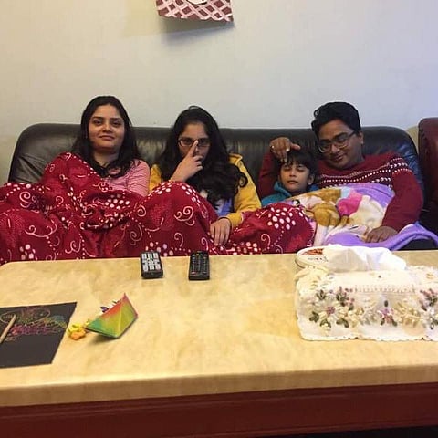 Manish Thapa with his sister Preeti Maheshwari and her two daughters when he spent a week with them last two years back. (Photo | EPS)