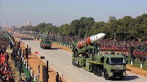 A tableaux of the DRDO takes part in a full dress rehearsal for the upcoming Indian Republic Day parade in New Delhi on Thursday. (Photo | Shekhar Yadav/EPS)
