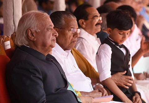 Governor Arif Mohammed Khan and Chief minister Pinarayi Vijayan during the Republic Day celebrations at Central Stadium in Thiruvananthapuram on Sunday. (Photo | EPS/BP Deepu)
