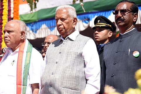 Karnataka Governor Vajubhai Vala and Chief Minister BS Yeddiyurappa during the Republic Day parade at Manekshaw Parade Ground in Bengaluru on Sunday. (Photo| Nagaraja Gadekal, EPS)