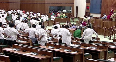 Andhra Pradesh CM YS Jagan Mohan Reddy and MLAs standing during Assembly while voting for abolish the council in Velagapudi on Monday. (Youtube Screengrab)