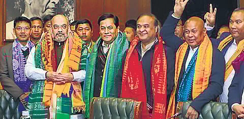 Home Minister Amit Shah, Assam Chief Minister Sarbananda Sonowal and others after the signing of the accord among the Centre, Assam government and Bodo representatives in New Delhi on Monday | twitter