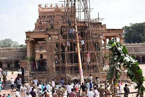 The new flag mast being erected at the Tanjavur Big Temple. (Photo | EPS)