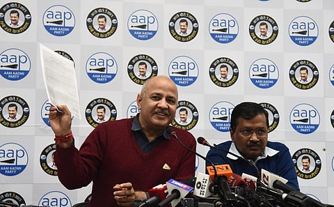 Delhi CM Arvind Kejriwal and his deputy Manish Sisodia address the media on Tuesday. (Photo | Parveen Negi, EPS)