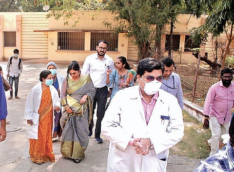 Members of  Central team coming out after visiting the Fever Hospital on Tuesday after inspecting the isolation wards set up for possible Coronavirus outbreak. (Photo| Sathya Keerthi, EPS)