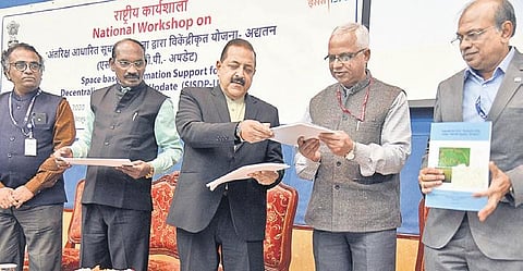 MoS in Prime Minister’s Office Jitendra Singh, ISRO chairman Dr K Sivan and others inaugurate a workshop on space-based information support for decentralised planning at Antariksh Bhavan, in Bengaluru on Tuesday | Nagaraja Gadekal