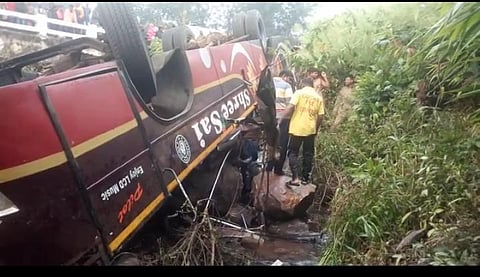The bus which fell off off a bridge at Taptapani Ghat in Ganjam district. (Photo | EPS)