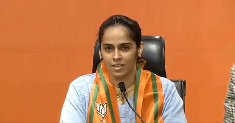 Badminton player Saina Nehwal speaks to the press in New Delhi on Wednesday.