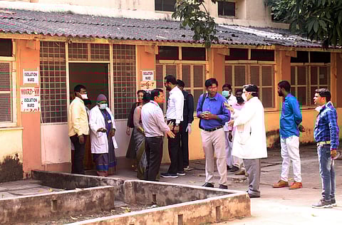 Members of central team coming out after they visited the Fever Hospital and observed the isolated wards for Coronavirus and facilities in Hyderabad. (Photo| Sathya Keerthi, EPS)