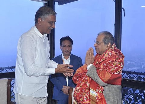 Finance Minister T Harish Rao with FFC chairman  NK Singh in Delhi on Tuesday.