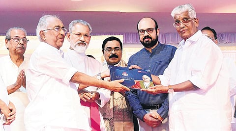 Changanassery Archbishop Mar Joseph Perumthottam engaged in a private talk with NSS general secretary G Sukumaran Nair at the venue of Mannam Jayanti celebrations in Perunna on Thursday