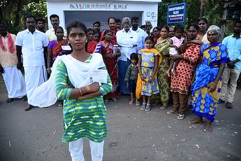 Despite being differently-abled, 21-year-old Saranya Kumari of MGR Nagar on the ward member election in Aathu Pollachi panchayat (Photo| A Raja Chidambaram, EPS)