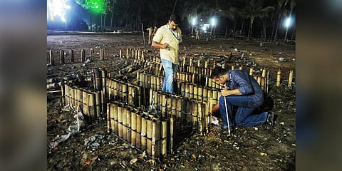 Police inspecting the spot at Nadakkavu Devi temple. (Photo| A Sanesh, EPS)