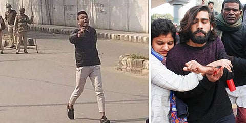 (Left) A man,identified as Gopal brandishes gun in Jamia area of Delhi, culprit has been detained by police and (right) Jamia Millia Islamia university student who got injured. (Photo | Express, PTI)
