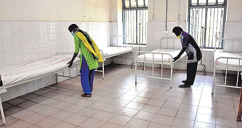 Workers at Ruia Hospital prepare a special ward to meet any eventuality in the wake of the coronavirus outbreak, in Tirupati on Wednesday. (Photo I EPS/Madhav K)