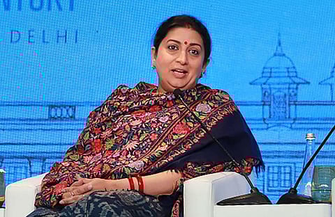 Union Minister for Women Child Development and Textiles Smriti Irani addresses the Raisina Dialogue 2020 in New Delhi Jan. 15 2020.  (Photo | PTI)