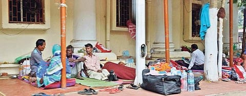 Patients lie pn the floor of a verandah at Acharya Harihar Regional Cancer Centre. (File photo)