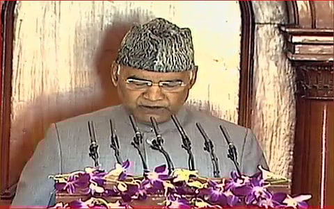 President Ram Nath Kovind delivering a speech in the Central Hall of Parliament. (Photo | Youtube videograb)