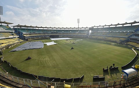 Groundsmen prepare the field for the first T20 match bewteen India and Sri Lanka scheduled on January 5 at Barsapara Cricket Stadium in Guwahati Friday Jan. 3 2020. (Photo | PTI)
