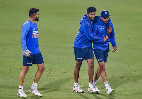 Indian skipper Virat Kohli with teammates Jasprit Bumrah and Manish Pandey during a practice session ahead of the 1st T20 cricket match against Sri Lanka at Barsapara Cricket Stadium in Guwahati Friday Jan. 3 2020. (Photo | PTI)