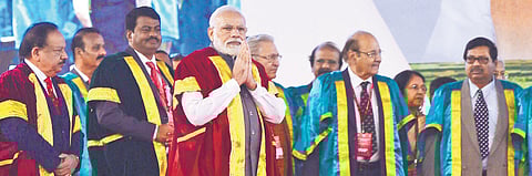 Prime Minister Narendra Modi with Union Science and Technology Minister Harsh Vardhan and other delegates from across the nation at the inauguration of the 107th Indian Science Congress at the University of Agricultural Sciences in Bengaluru on Friday | E