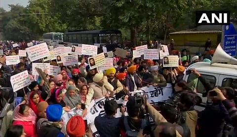 Sikh Gurdwara Management Committee and Shiromani Akali Dal staged protests near the Pak High commission in Delhi. (Photo | ANI Twitter)