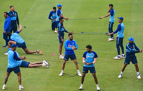Indian players during a training session ahead of the 1st T20 Match against Sri Lanka at Barsapara Cricket Stadium in Guwahati. (Photo | PTI)