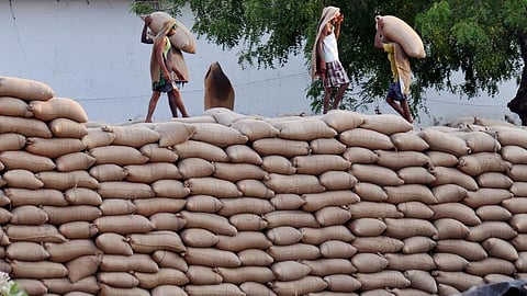 Labourers arrange rice bags at a godown. Image used for representational purpose only.