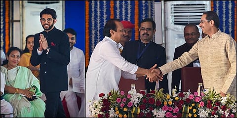 Aaditya Thackeray (L) Maharashtra CM and Shiv Sena chief Uddhav Thackeray with his deputy Ajit Pawar (File Photo| PTI)