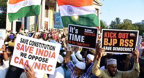 Members of Hum Bharar Ki Log protest against CAA at Town Hall in Bengaluru on Saturday. (Photo | Vinod Kumar/EPS)