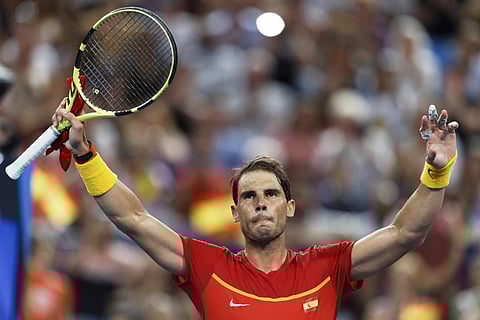Rafael Nadal of Spain celebrates his win over Pablo Cuevas of Uruguay in their match at the ATP Cup in Perth, Australia. (Photo | AP)