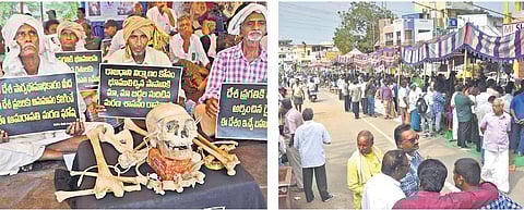 Farmers protest with an artificial human skull at Velagapudi in Amaravati; (right) tents erected in the middle of the road leading to the Secretariat in Mandadam I P Ravindra Babu