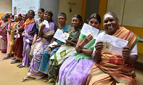 People gathered to cast their vote at government High school in Myleripalayam during the local body election at the outskirts of Coimbatore. (Photo | EPS/U Rakesh Kumar)