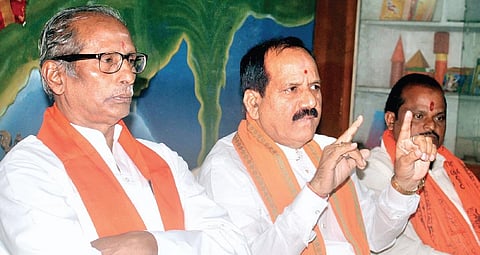 (Left) VHP’s joint general secretary Y Raghavulu and the organisation’s president of Telangana M Rama Raju (centre), addressing a press meet at Koti Office  in Hyderabad, on Monday| Sathya keerthi