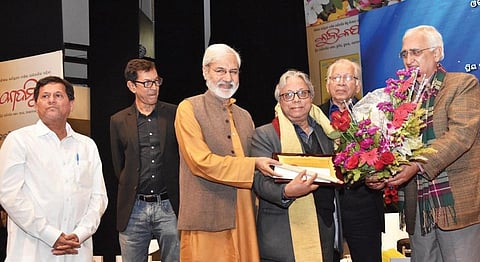 Union Minister Salman Khurshid presenting Kadambini Sahitya Samman-2020 to litterateur Haraprasad Das at 17th Kadambini Literature Festival and Patrika Hat on KIIT University premises on Monday.