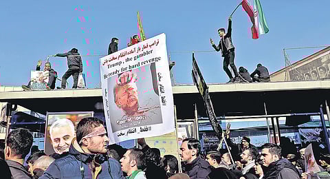 Mourners attend a funeral ceremony for Iranian Gen. Qasem Soleimani at the Islamic Revolution square in Tehran (Photo | PTI)