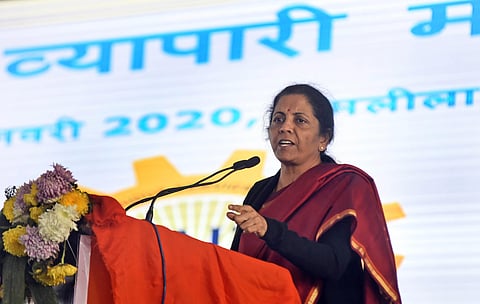 Union Finance Minister Nirmala Sitharaman speaks during National Traders Convention at Ramlila ground in New Delhi on Tuesday, Jan. 7, 2020. (Parveen Negi, EPS)