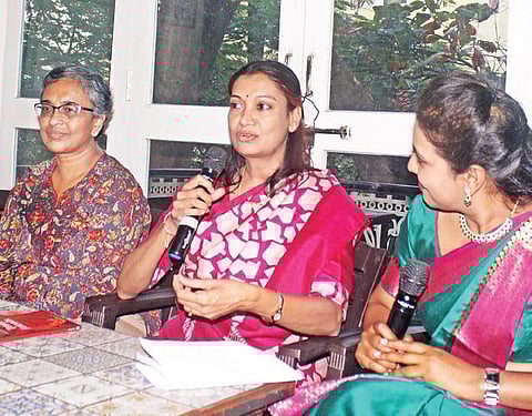 Authors Jayanthi Sankar and Ranjani Rao along with moderator Devika Das at the book launch event at Lamakaan, Banjara Hills on Saturday | SATHYA KEERTHI