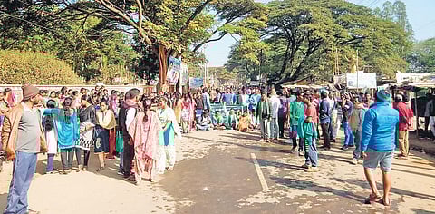 Tribals led by Joint Action Committee of Girijana Sanghams enforcing agency bandh at Paderu in Visakhapatnam district Monday. (Photo | EPS)
