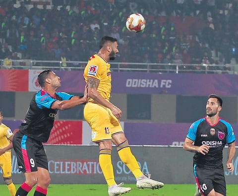 Action from the match between Odisha FC and Chennaiyin FC in Bhubaneswar  on Monday. The hosts won 2-0 to climb to fifth spot on the table (Photo | Irfana, EPS)