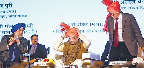 BJP President Amit Shah (C), Delhi L-G Anil Baijal and Union minister Hardeep Singh Puri at the foundation stone laying ceremony of The Delhi Cycle Walk at Tughlakabad on Monday. (Photo |  Arun Kumar, EPS)