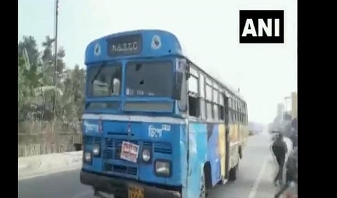 The damaged bus attacked during Bharat Bandh in Cooch Behar (Photo| ANI)